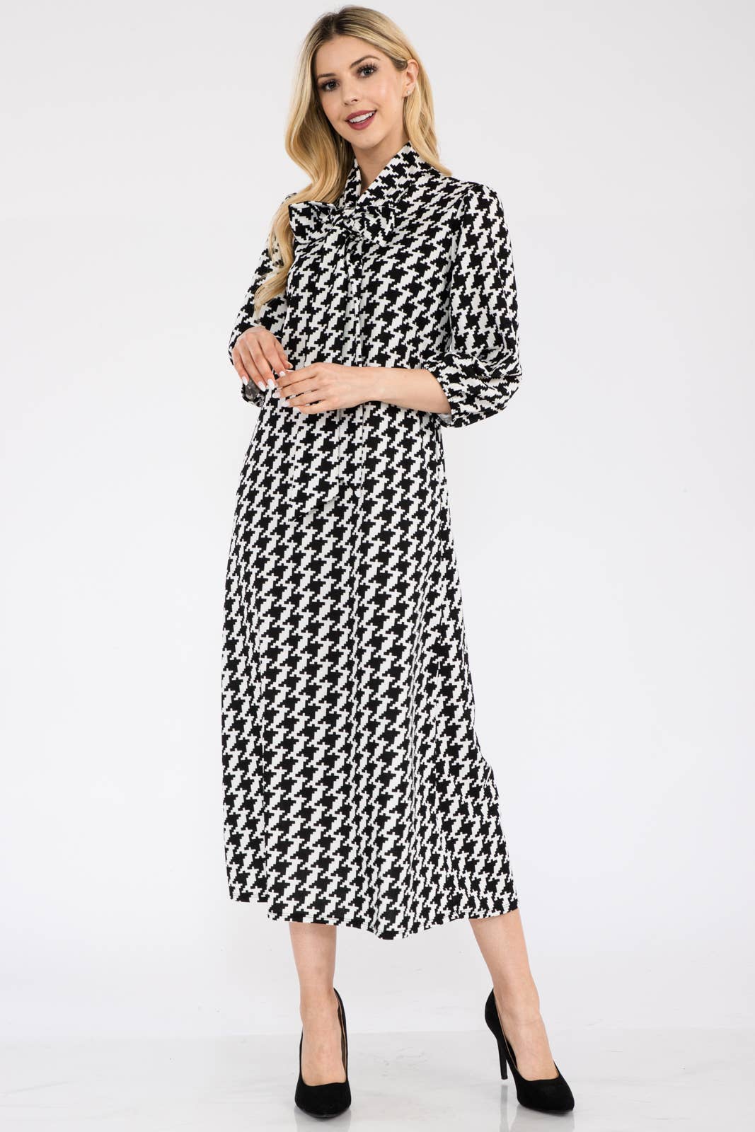 Houndstooth Midi Dress with Bow