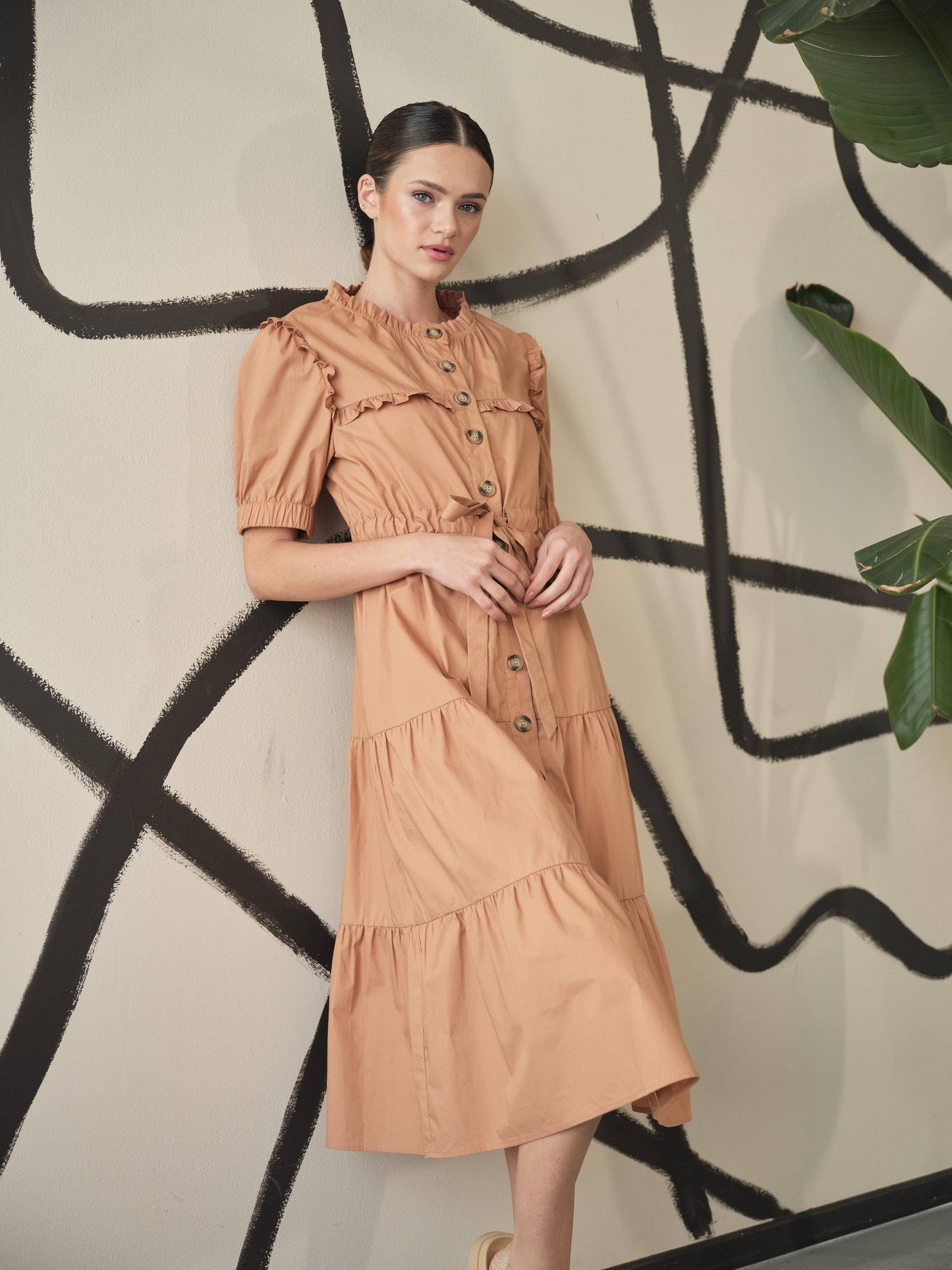 POPLIN RUFFLE BUTTON DOWN DRESS