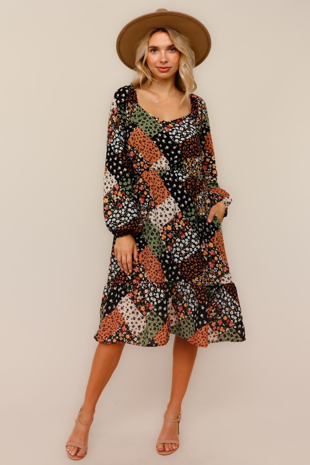 Floral Patchwork Midi Dress | Boho Long Sleeve