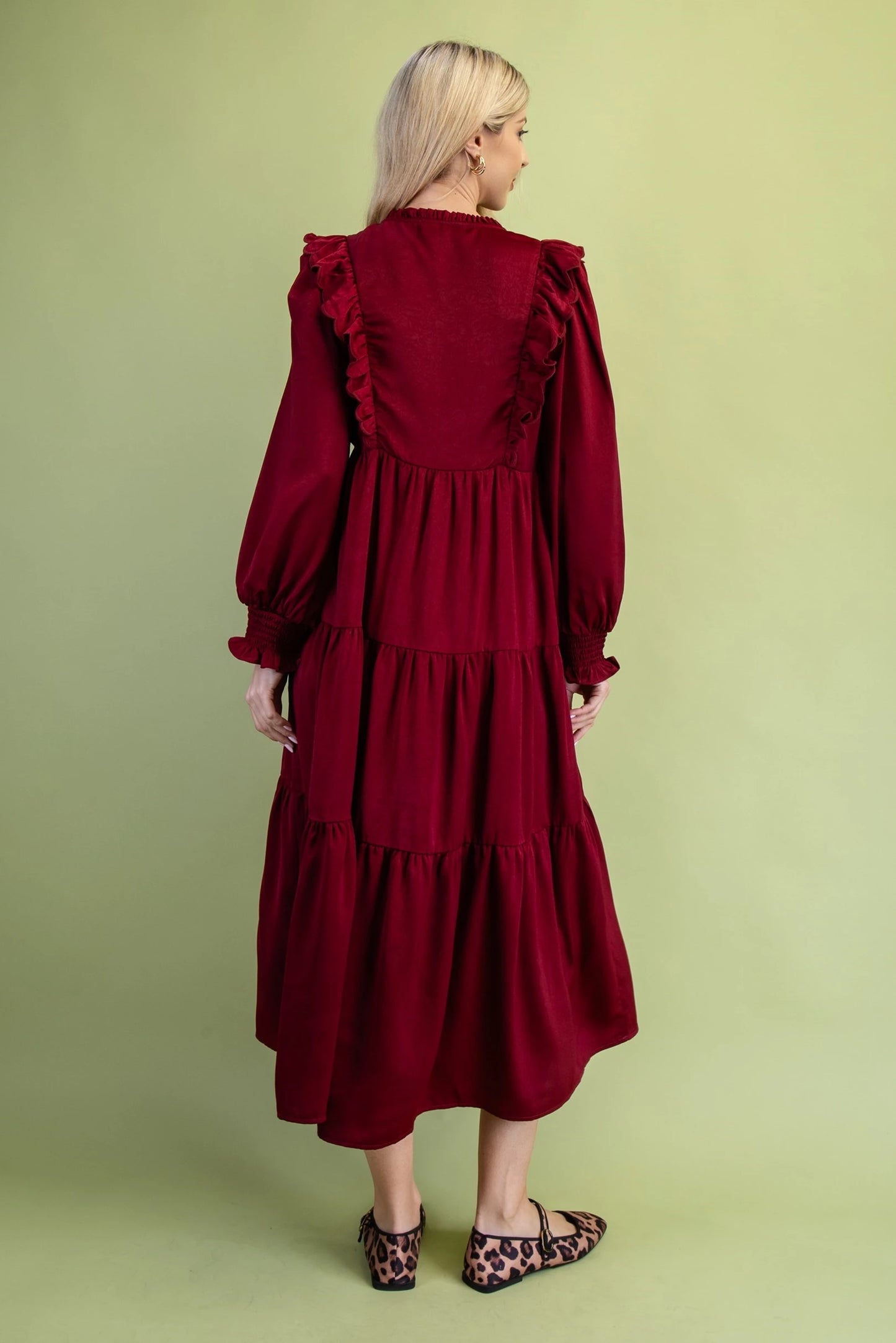 Elegant Modest Tiered Midi Dress - Burgundy Long Sleeve