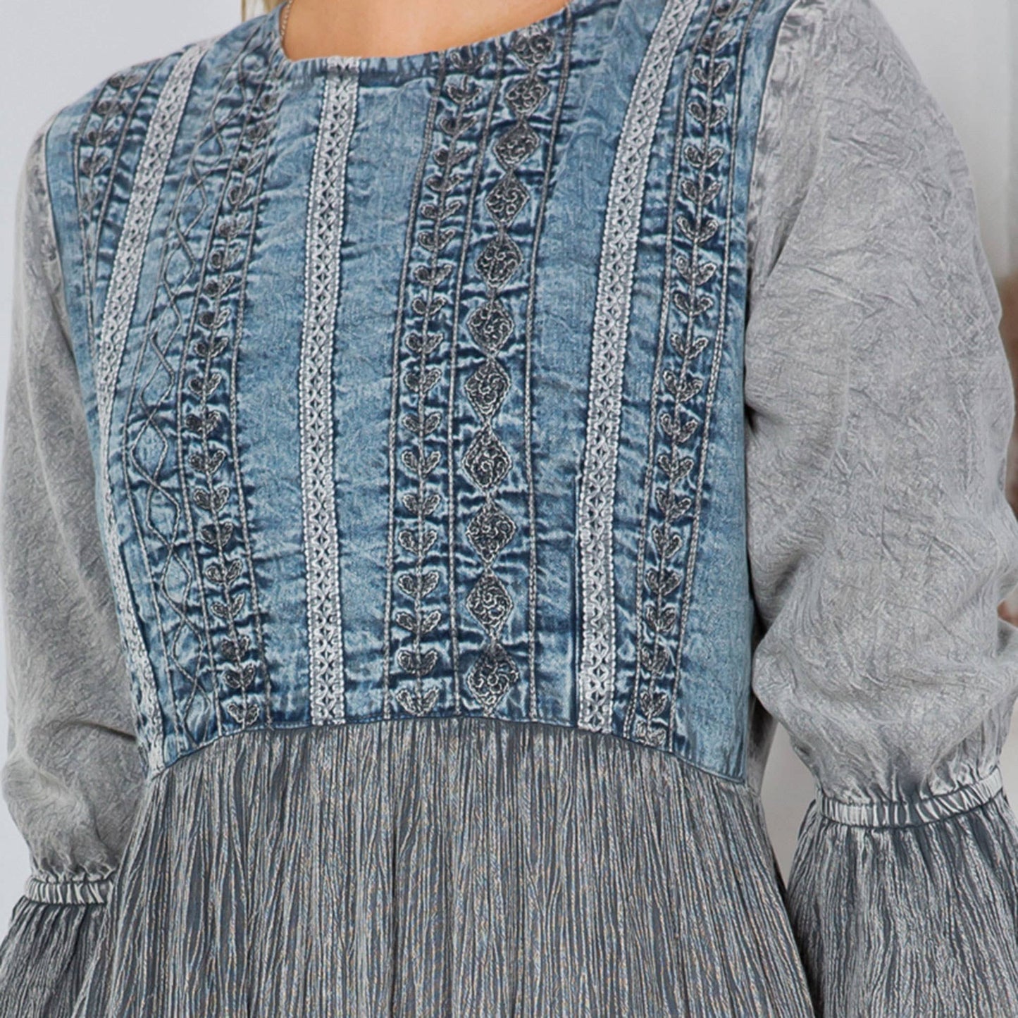 Denim Fusion: Tiered Aari Work Mid-Length Dress with Lace
