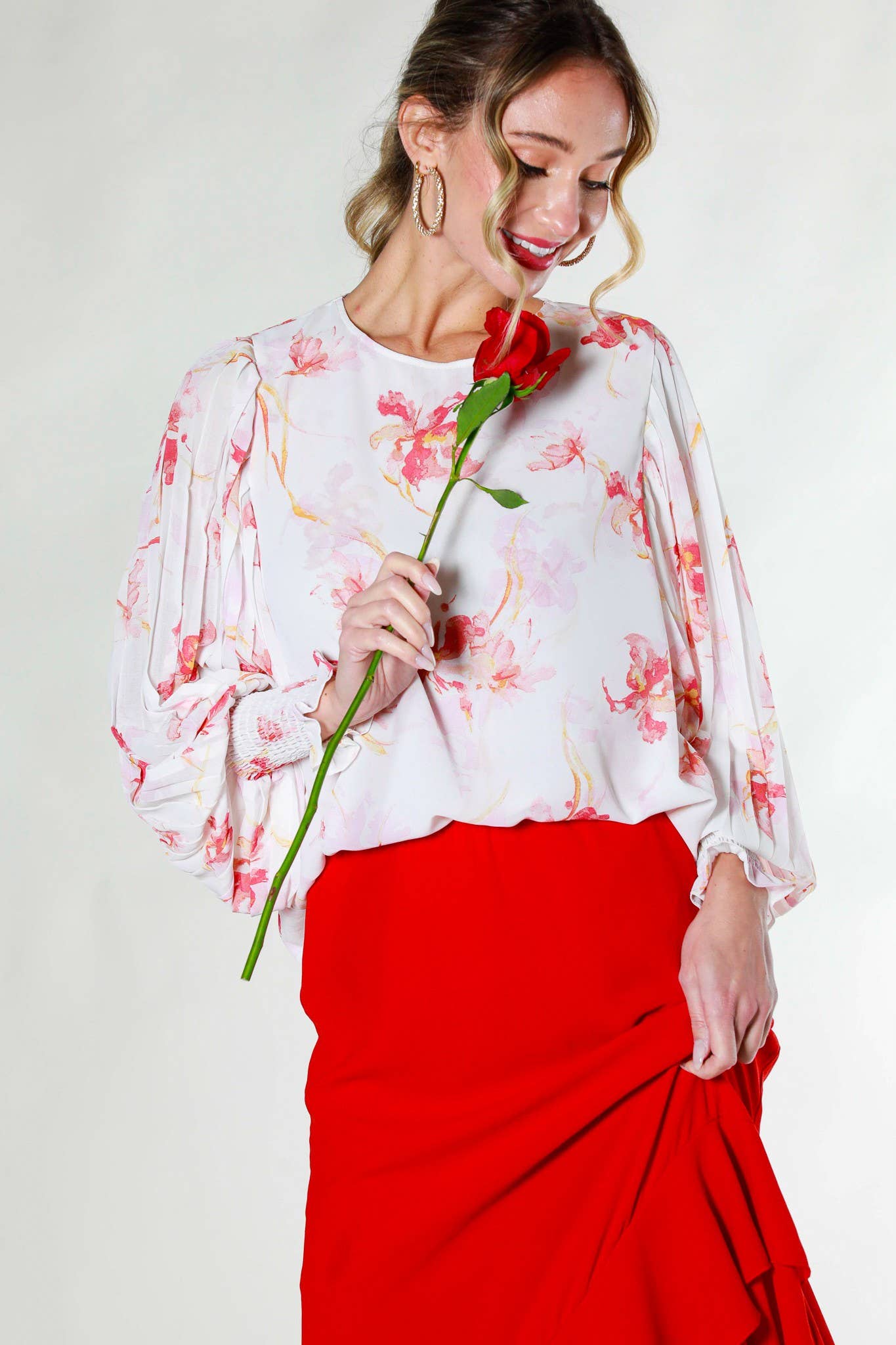 Pleated Lantern Sleeve Floral Printed Woven Blouse