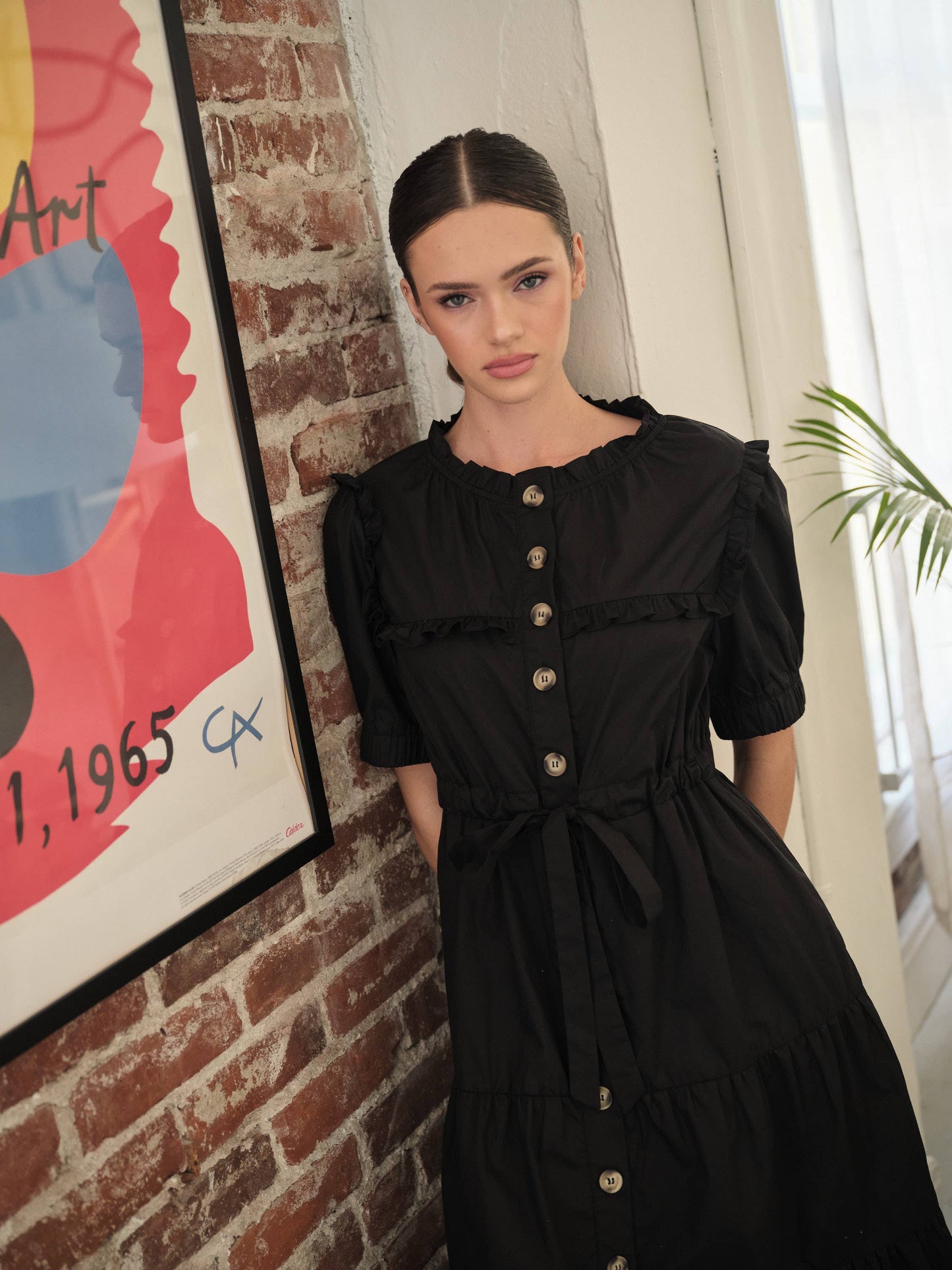 POPLIN RUFFLE BUTTON DOWN DRESS
