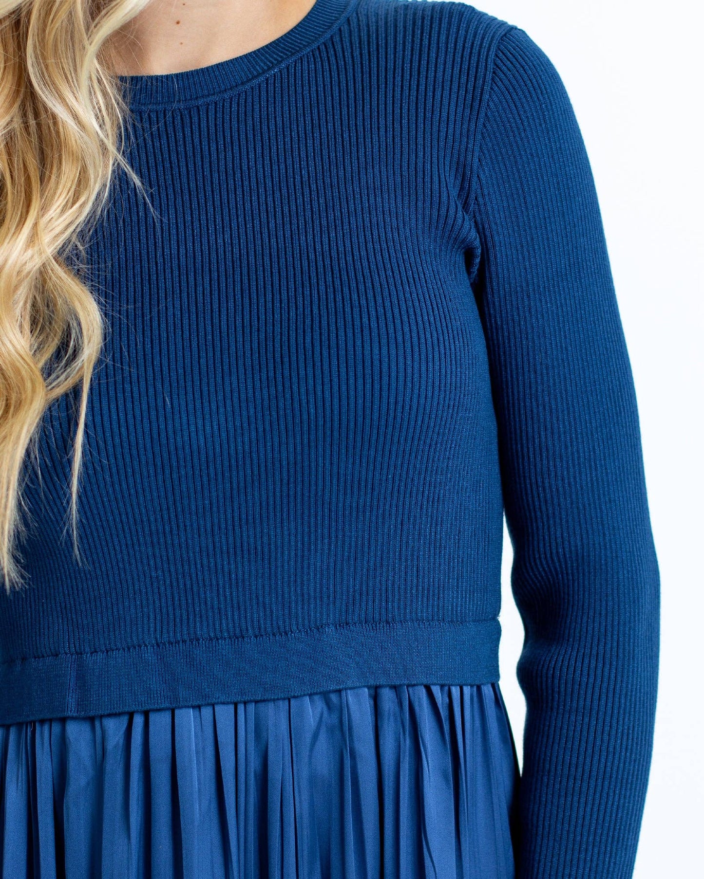 Elegant Blue Sweater Top Maxi Dress with Pleated Satin Skirt | Hybrid Knit & Flowy A-Line