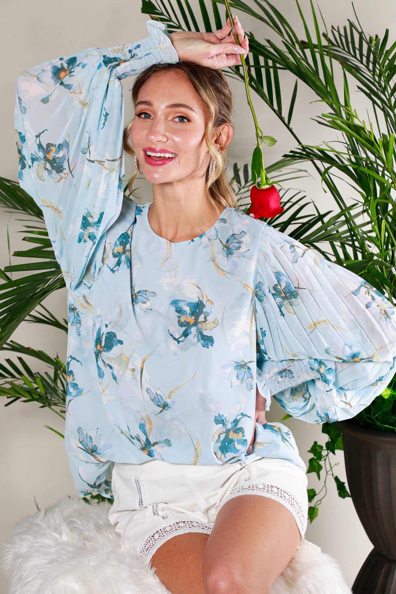 Pleated Lantern Sleeve Floral Printed Woven Blouse