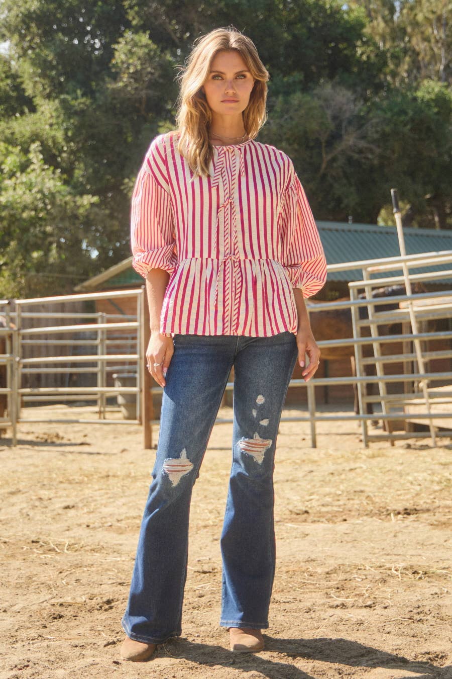 Textured Striped Front Tie Blouse (PLUS)