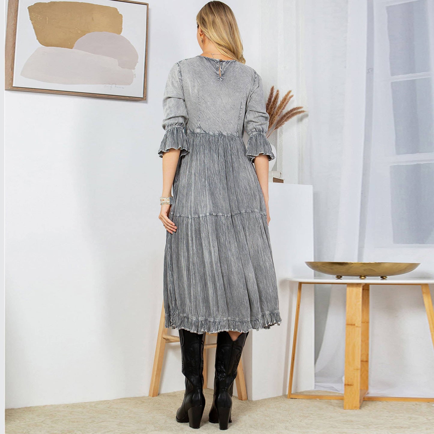 Denim Fusion: Tiered Aari Work Mid-Length Dress with Lace