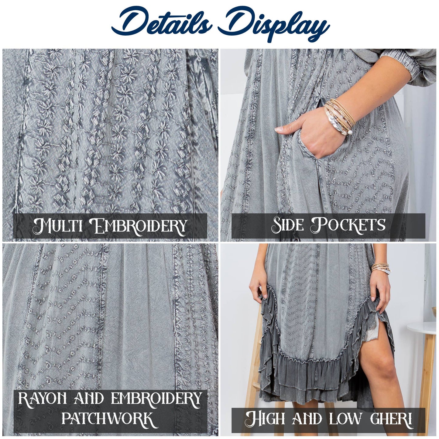 Denim Fusion: Tiered Aari Work Mid-Length Dress with Lace