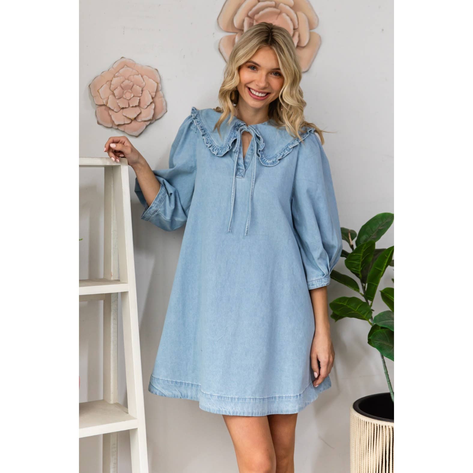 Ruffle V-Neck Denim Mini Dress - Chambray A-Line for Women The Purple Rose Boutique Ruffle V-Neck Denim Mini Dress - Chambray A-Line for Women The Purple Rose Boutique