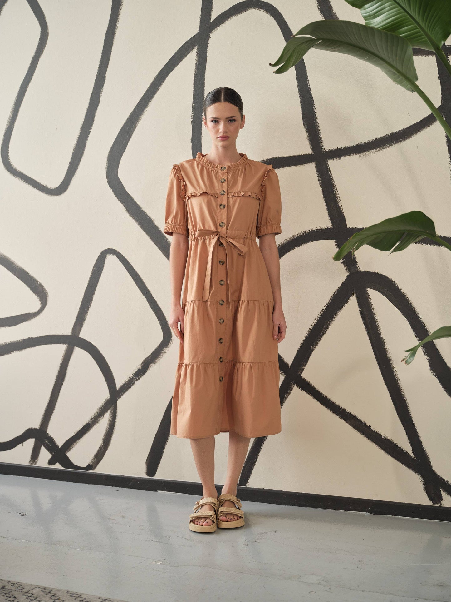 POPLIN RUFFLE BUTTON DOWN DRESS