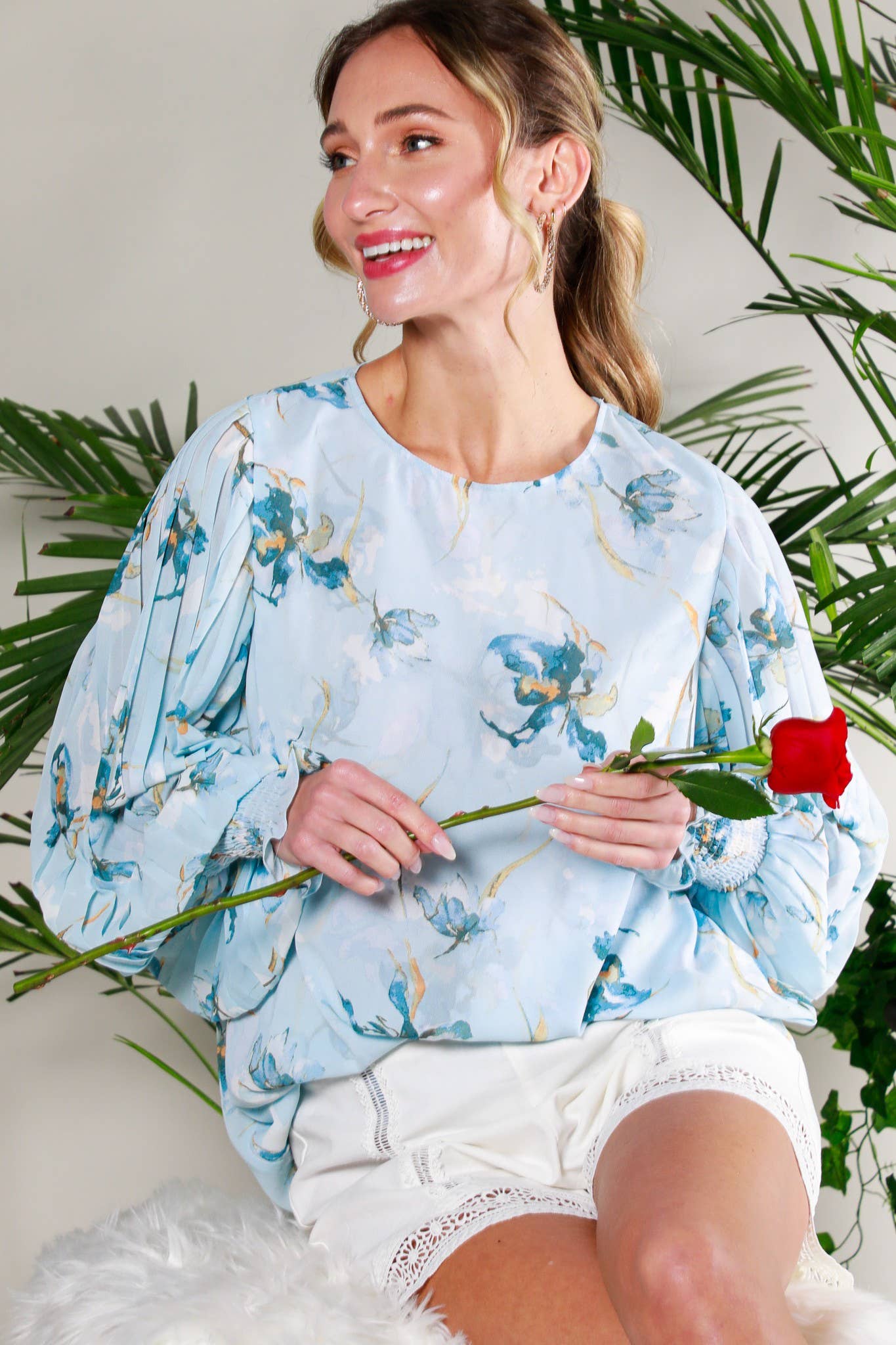 Pleated Lantern Sleeve Floral Printed Woven Blouse