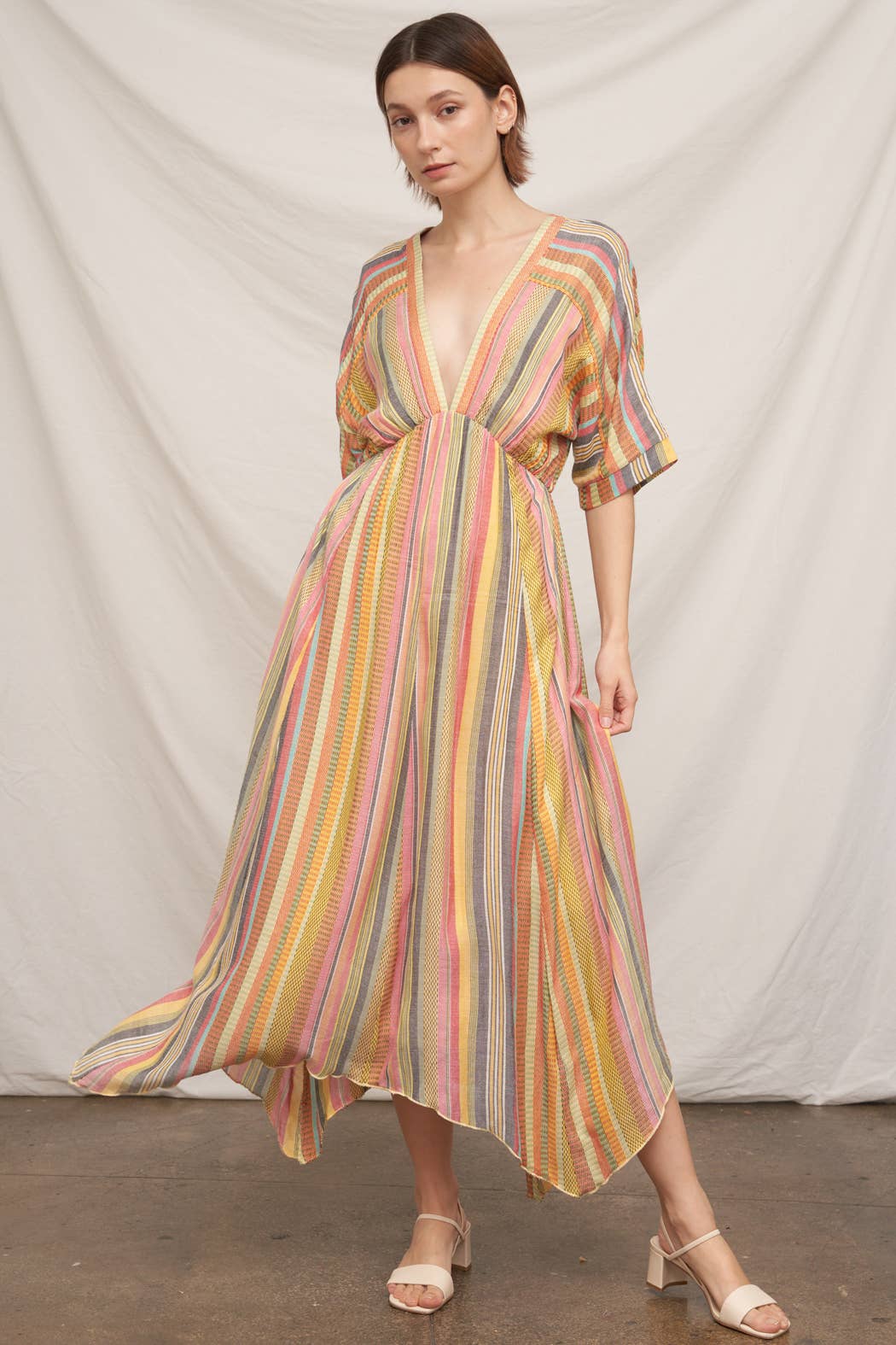 Kimono Sleeve Multicolor Striped V-Neck Midi Dress The Purple Rose Boutique Kimono Sleeve Multicolor Striped V-Neck Midi Dress The Purple Rose Boutique