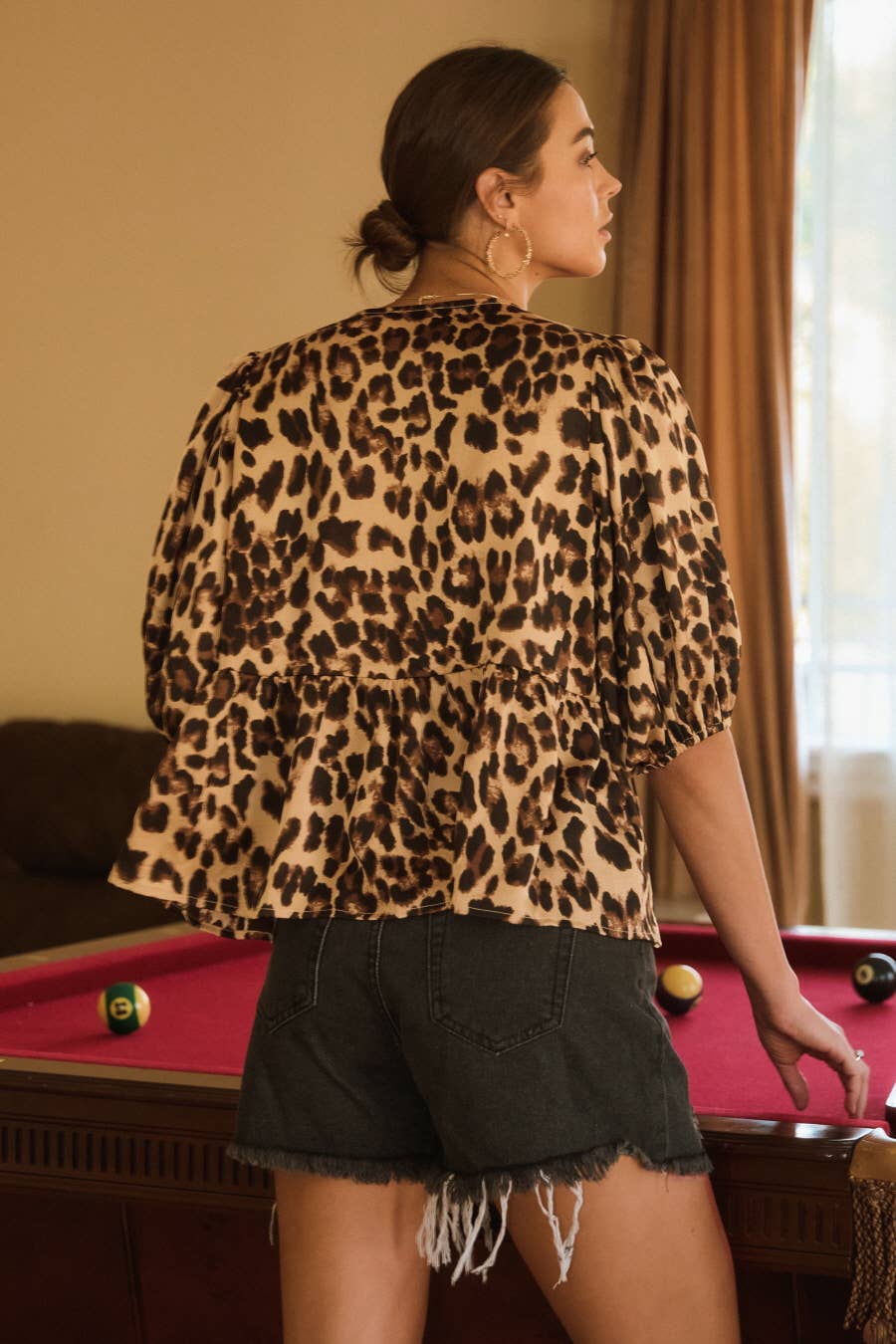 Chic Leopard Print Blouse - Women's Satin Peplum Top with Front Tie Detail
