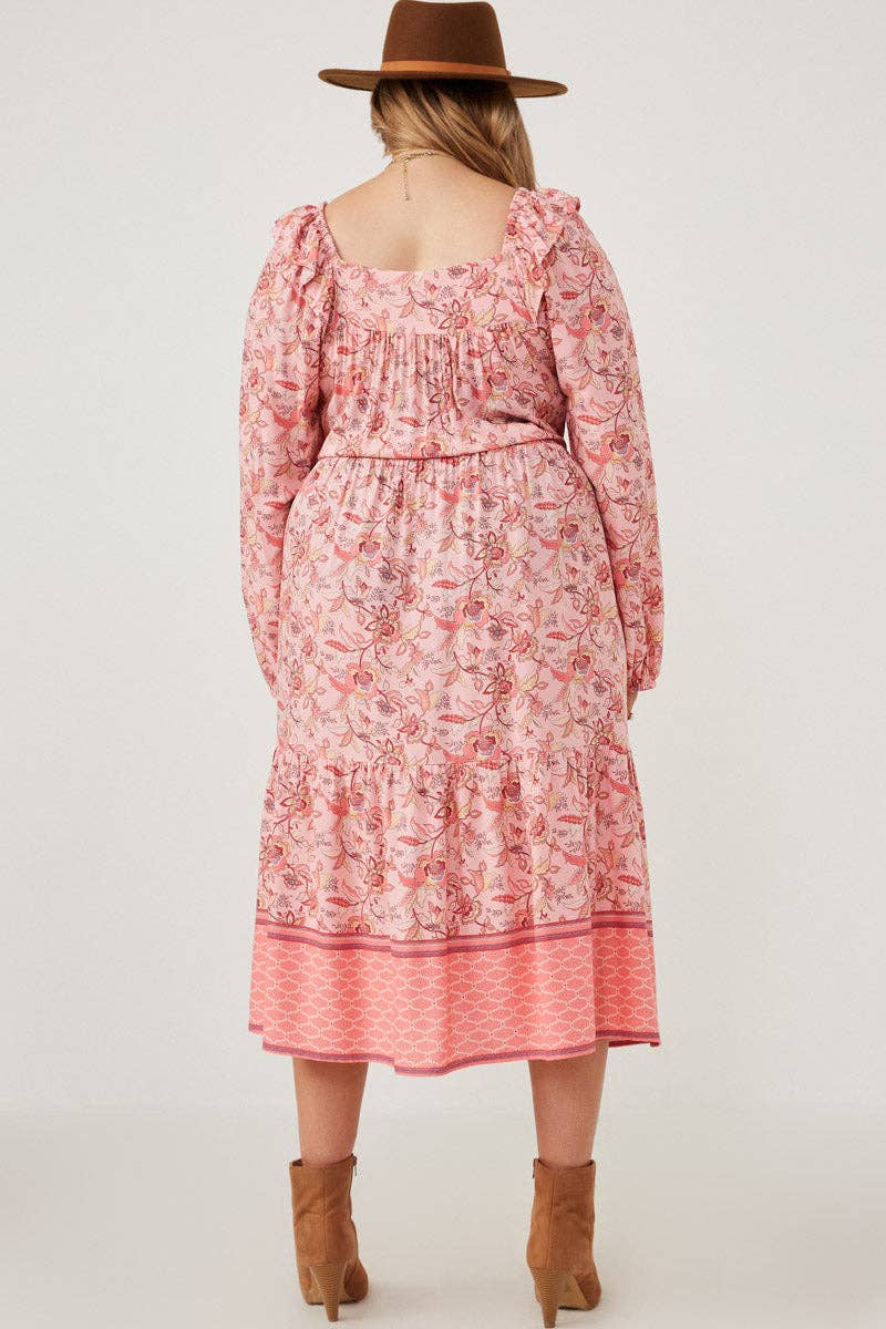 Pink Floral Tiered Midi Dress | Smock Style with Balloon Sleeves