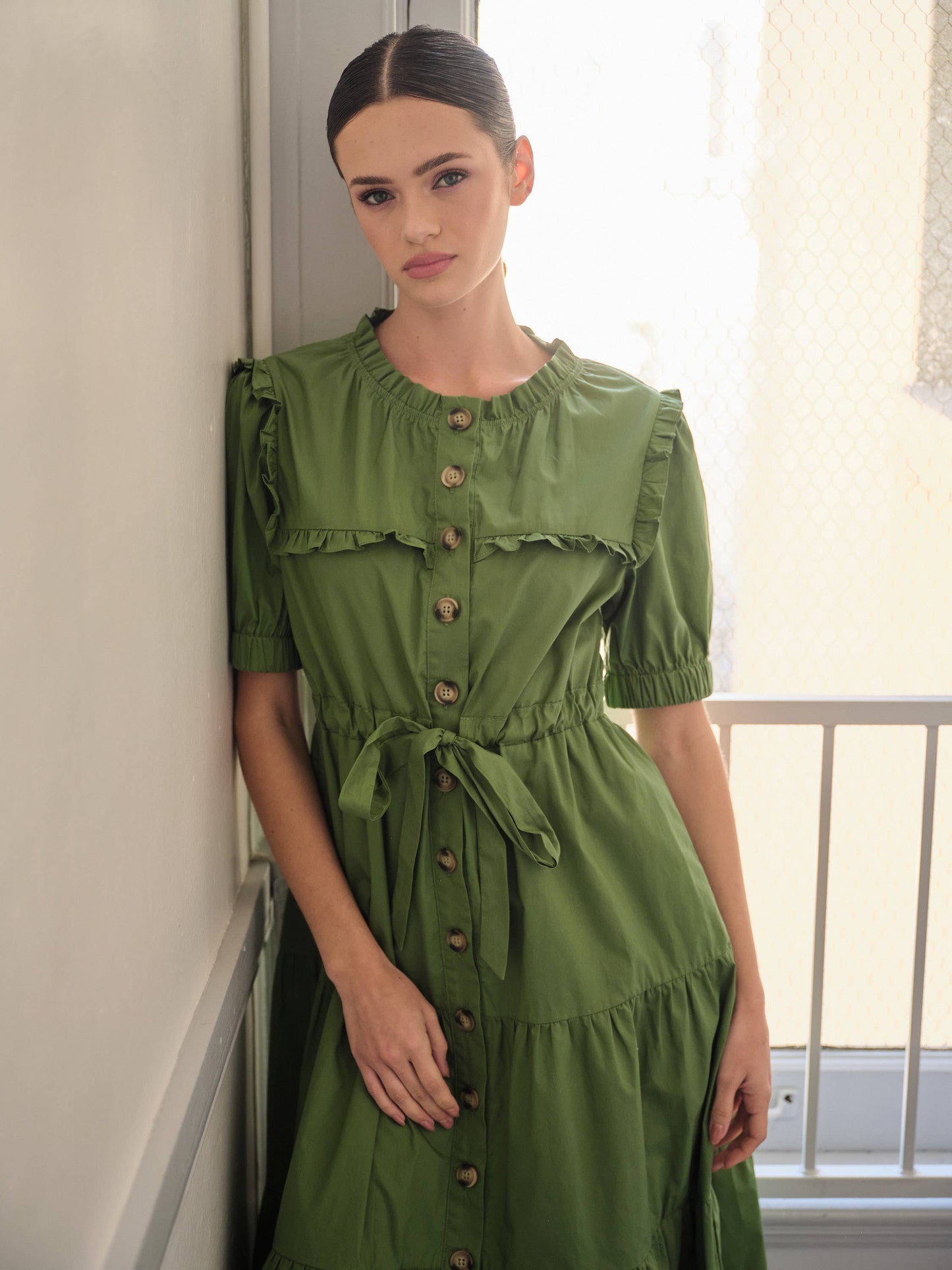 POPLIN RUFFLE BUTTON DOWN DRESS