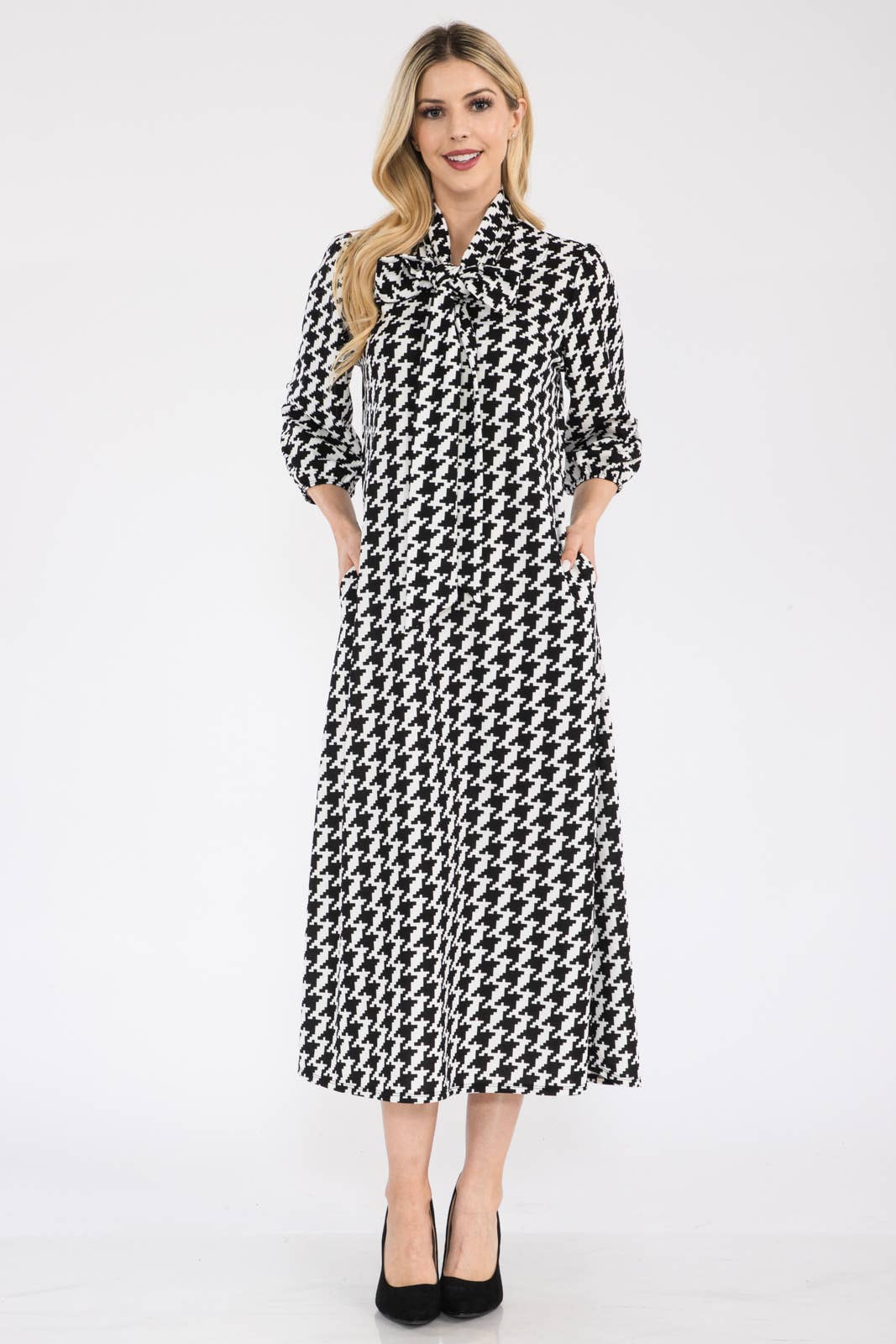 Houndstooth Midi Dress with Bow