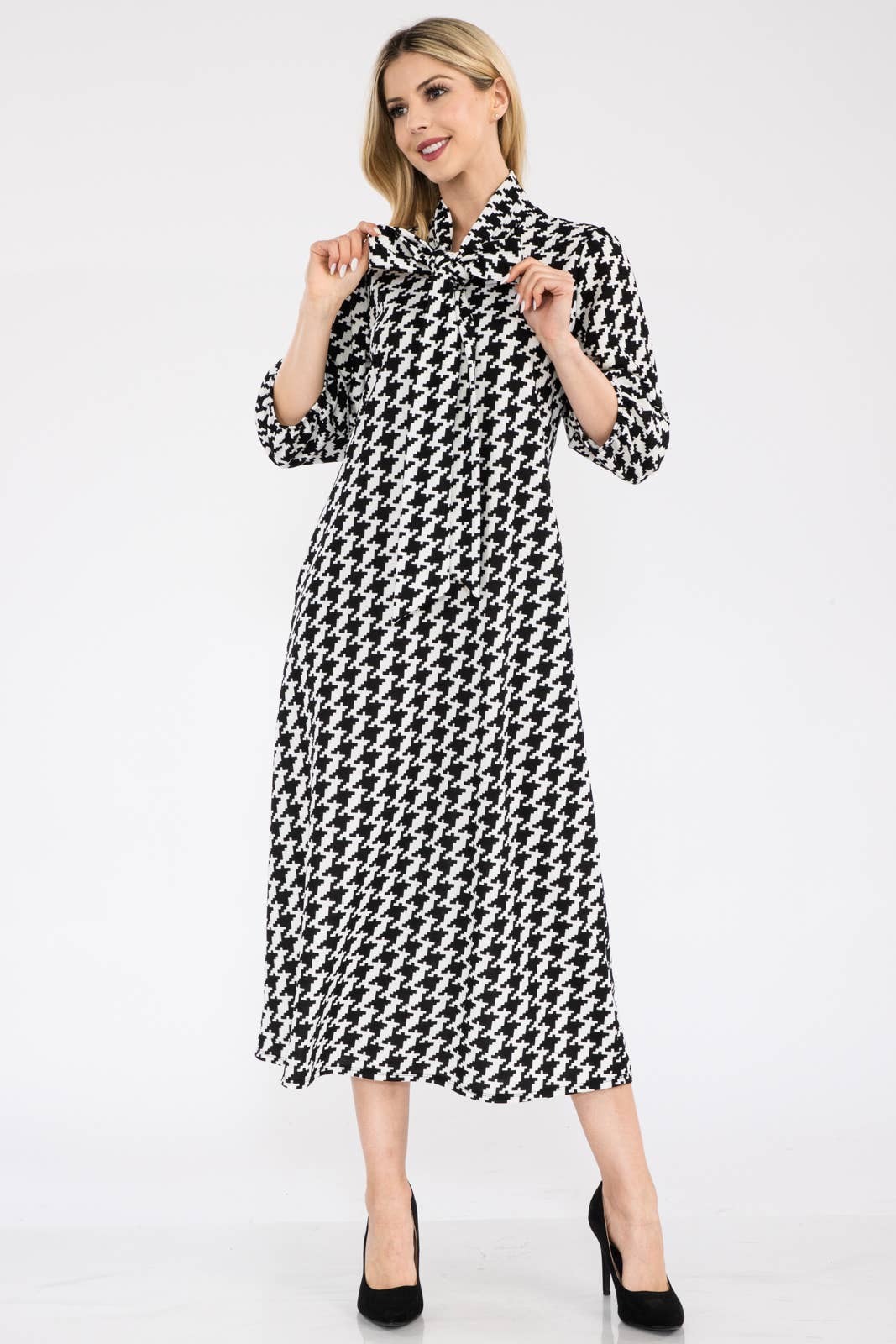 Houndstooth Midi Dress with Bow