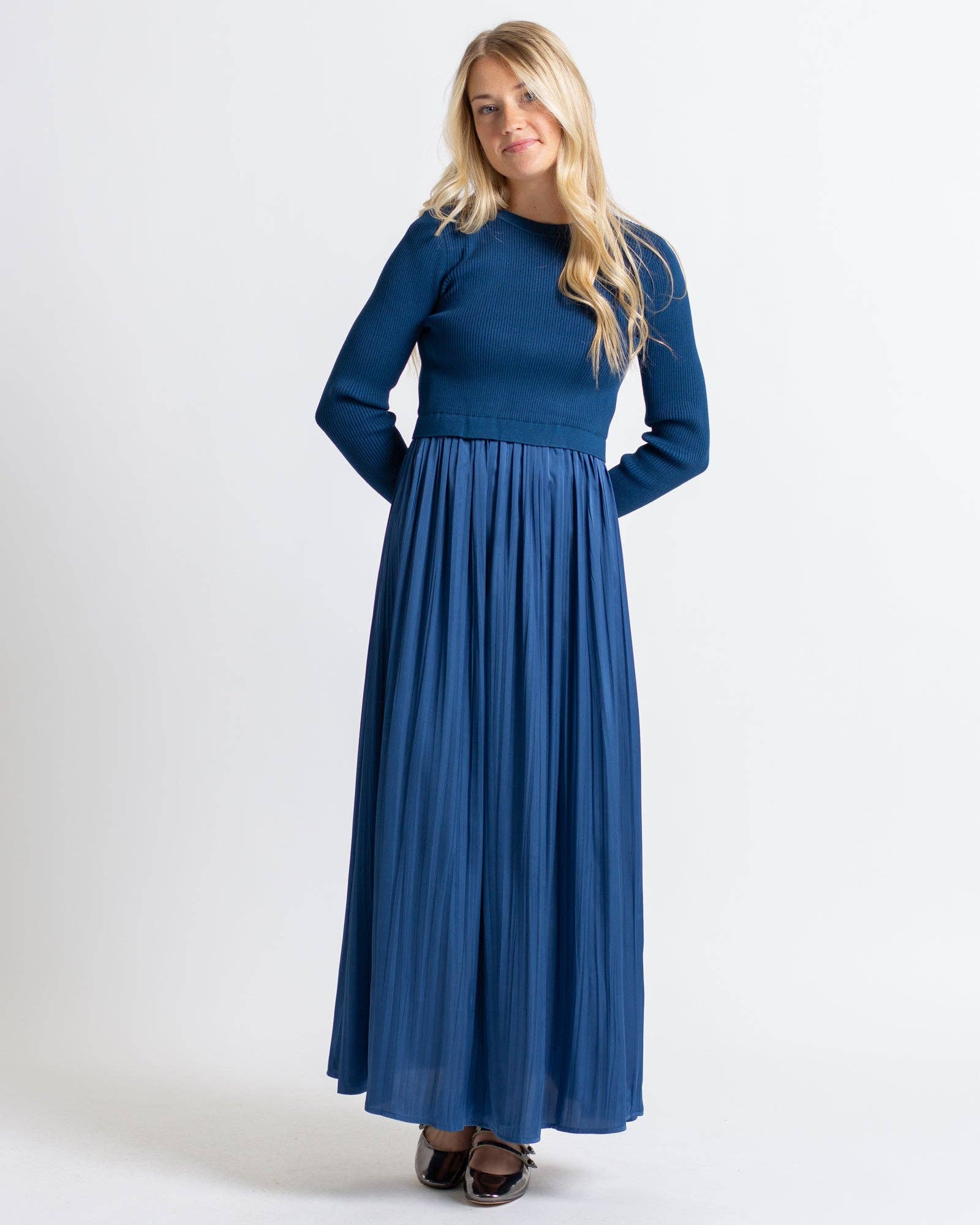 Blue Sweater Maxi Dress | Pleated Satin Skirt | Modest A-Line The Purple Rose Boutique Blue Sweater Maxi Dress | Pleated Satin Skirt | Modest A-Line The Purple Rose Boutique