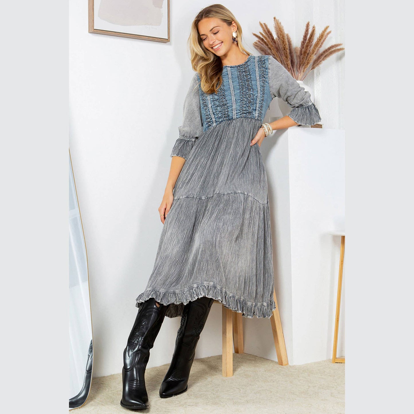 Denim Fusion: Tiered Aari Work Mid-Length Dress with Lace