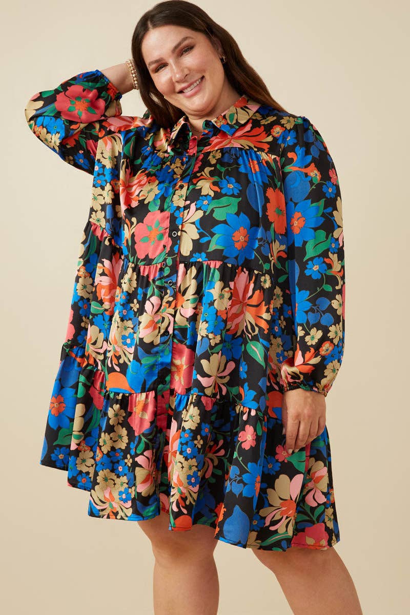 Retro Floral Button Down Tiered Tunic Dress