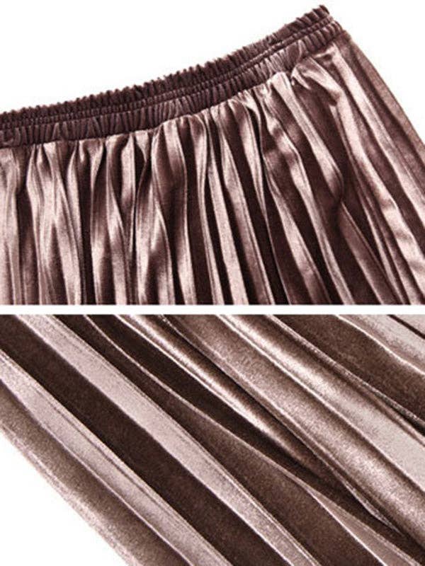 Luxurious High-Waist Velvet Pleated Midi Skirt - Elegant A-Line Fall & Winter Essential