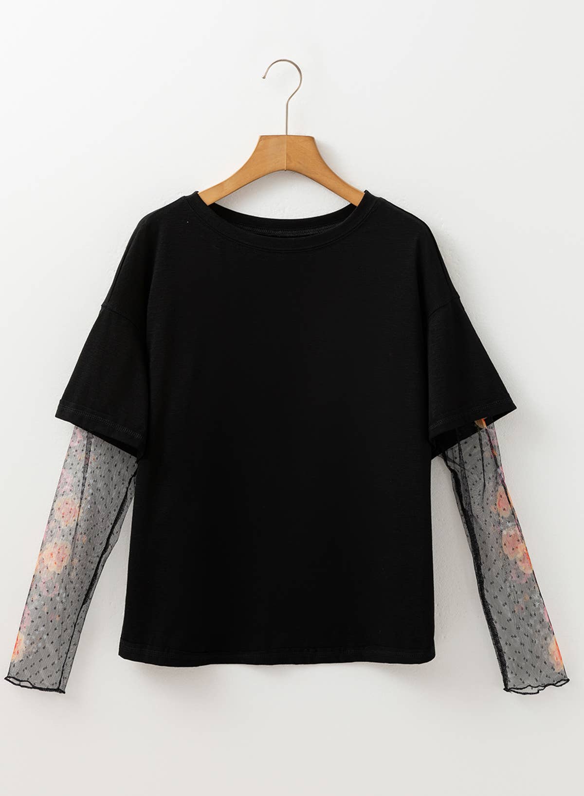 Floral Embroidered Mesh Patchwork Sleeve Crewneck Top