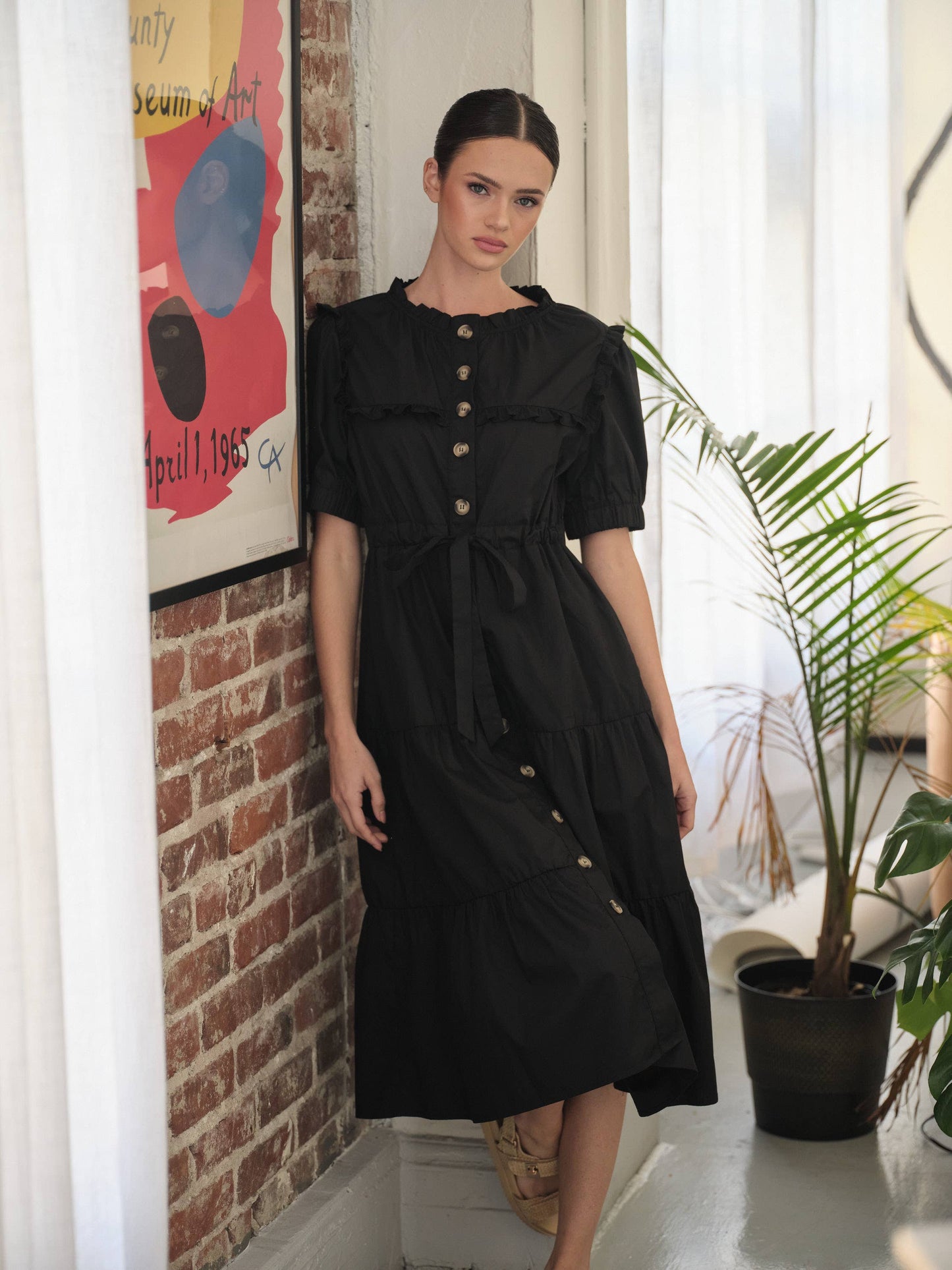 POPLIN RUFFLE BUTTON DOWN DRESS