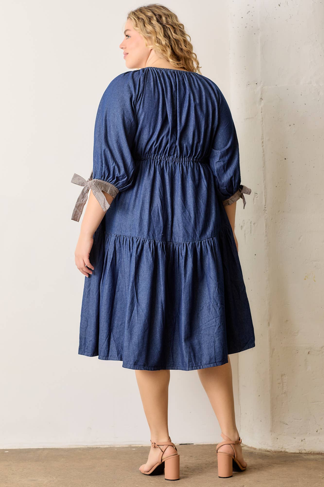 Plus Size Denim Babydoll Midi Dress with Smocked Ruffle & Tie Sleeves