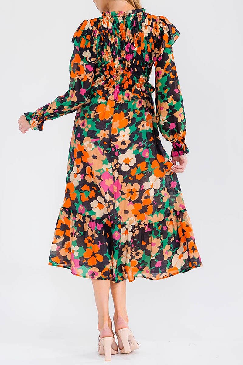 FLORAL PRINT SMOCK V NECK RUFFLE MAXI DRESS