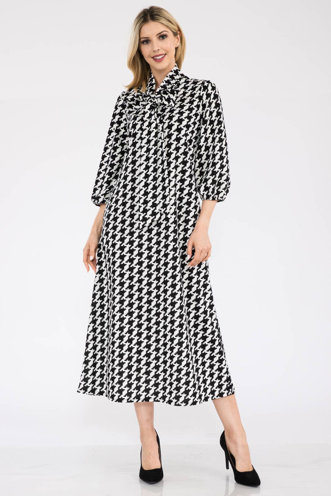 Houndstooth Midi Dress with Bow
