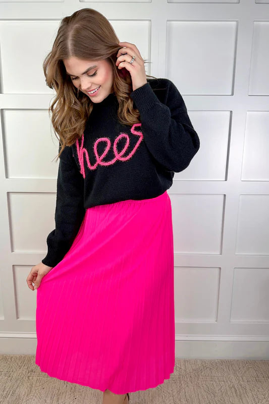 Neon Pink Pleated Midi Skirt