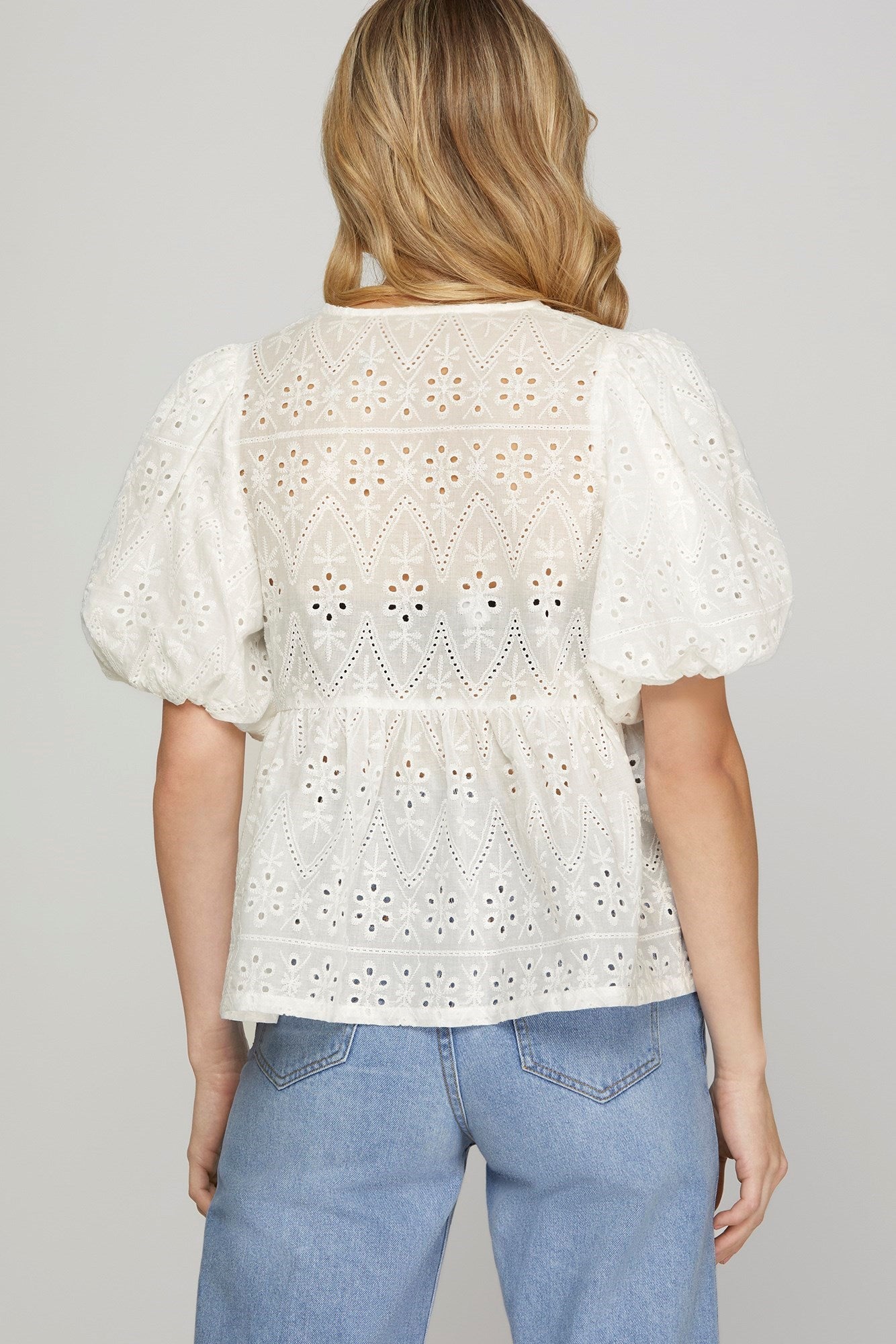 Chic Eyelet Lace Peplum Top - Puff Sleeve Tie-Front Blouse for Women