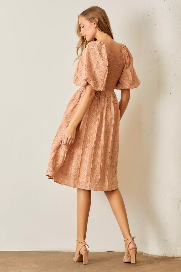 Blush Lace Puff Sleeve Midi Dress with Pockets | Square Neck A-Line