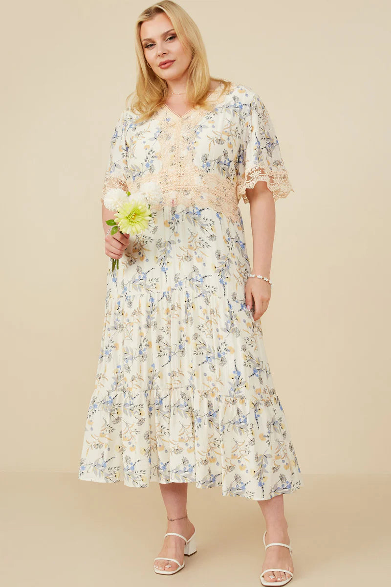 Women's Contrast Lace Detailed Floral Dress (PLUS)