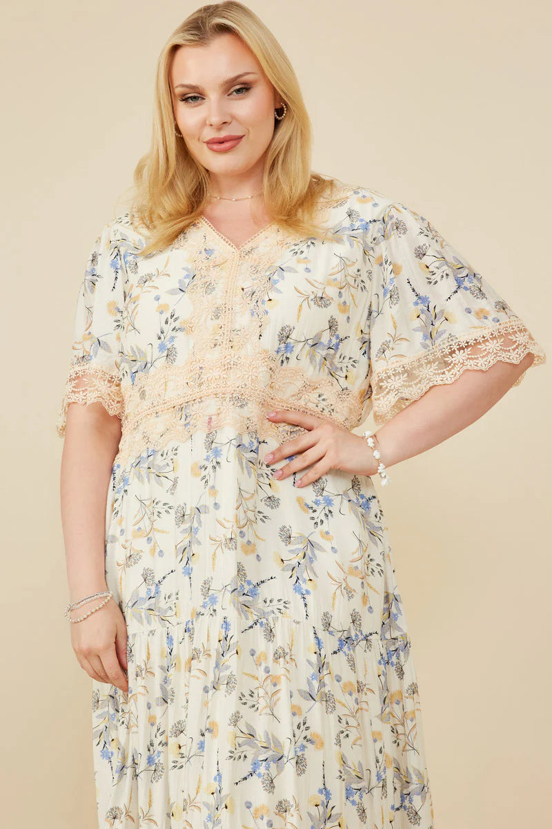 Women's Contrast Lace Detailed Floral Dress (PLUS)