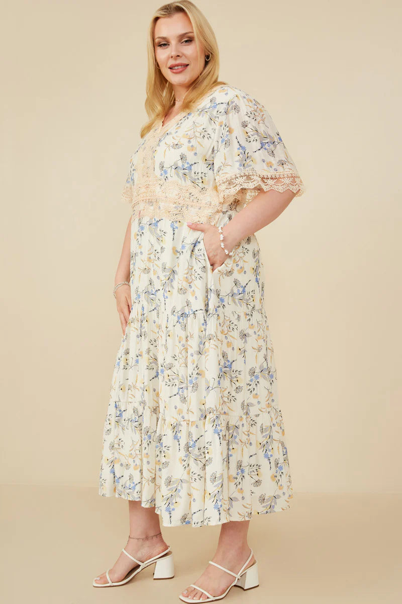 Women's Contrast Lace Detailed Floral Dress (PLUS)