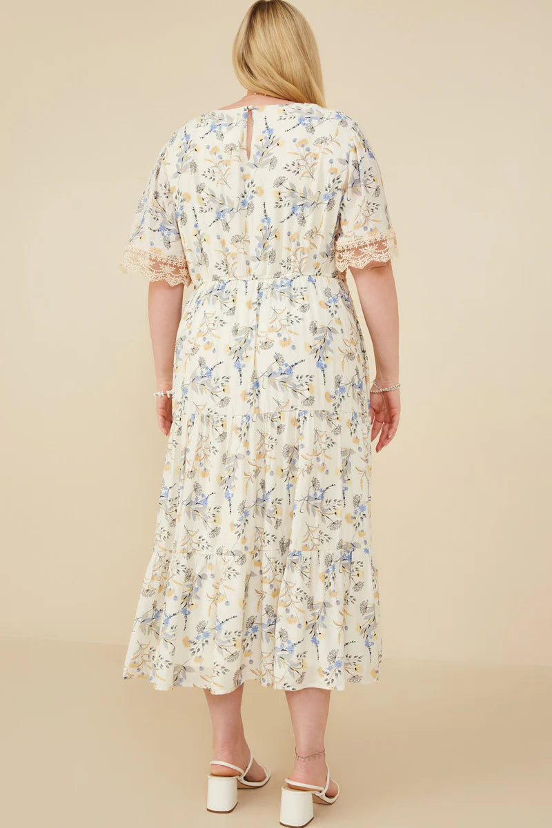 Women's Contrast Lace Detailed Floral Dress (PLUS)