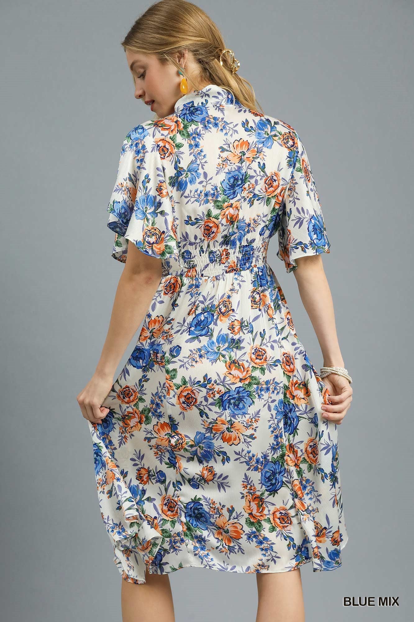 Women's Floral Fit & Flare Flutter Sleeve Midi Dress