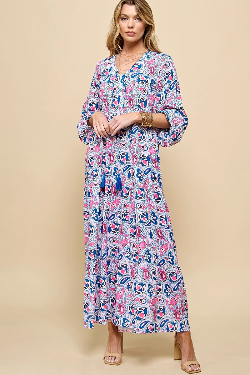 Pink & Blue Paisley Boho Maxi Dress | USA Vacation Style S