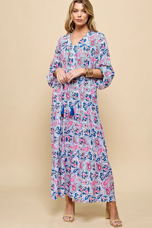 Boho Paisley Tiered Maxi Dress | Pink & Blue V-Neck Vacation Dress