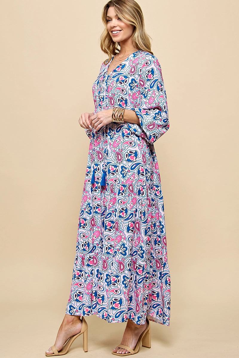 Boho Paisley Tiered Maxi Dress | Pink & Blue V-Neck Vacation Dress