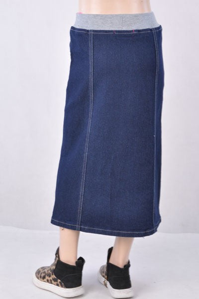 Girls' Modest Stretch Denim Maxi Skirt - Long Jean Skirt with Elastic Waist