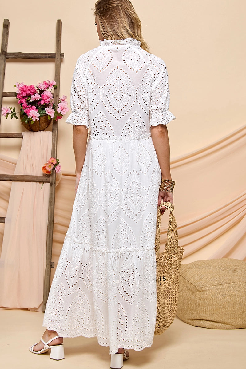 Boho White Cotton Eyelet Maxi Dress - Summer Beach Vacation Tiered