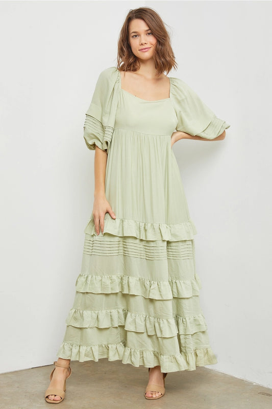 Boho Tiered Puff Sleeve Maxi Dress - Sage Green