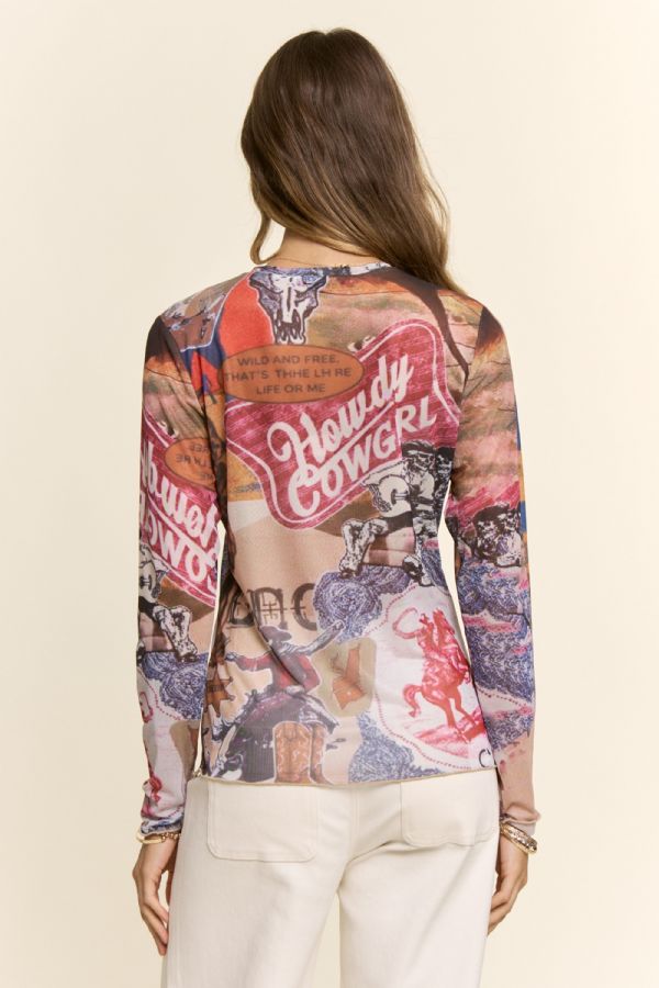 Howdy Cowgirl Western Collage Mesh Top