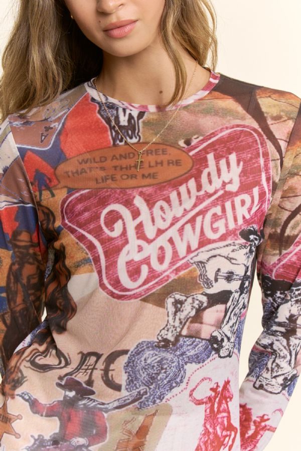 Howdy Cowgirl Western Collage Mesh Top