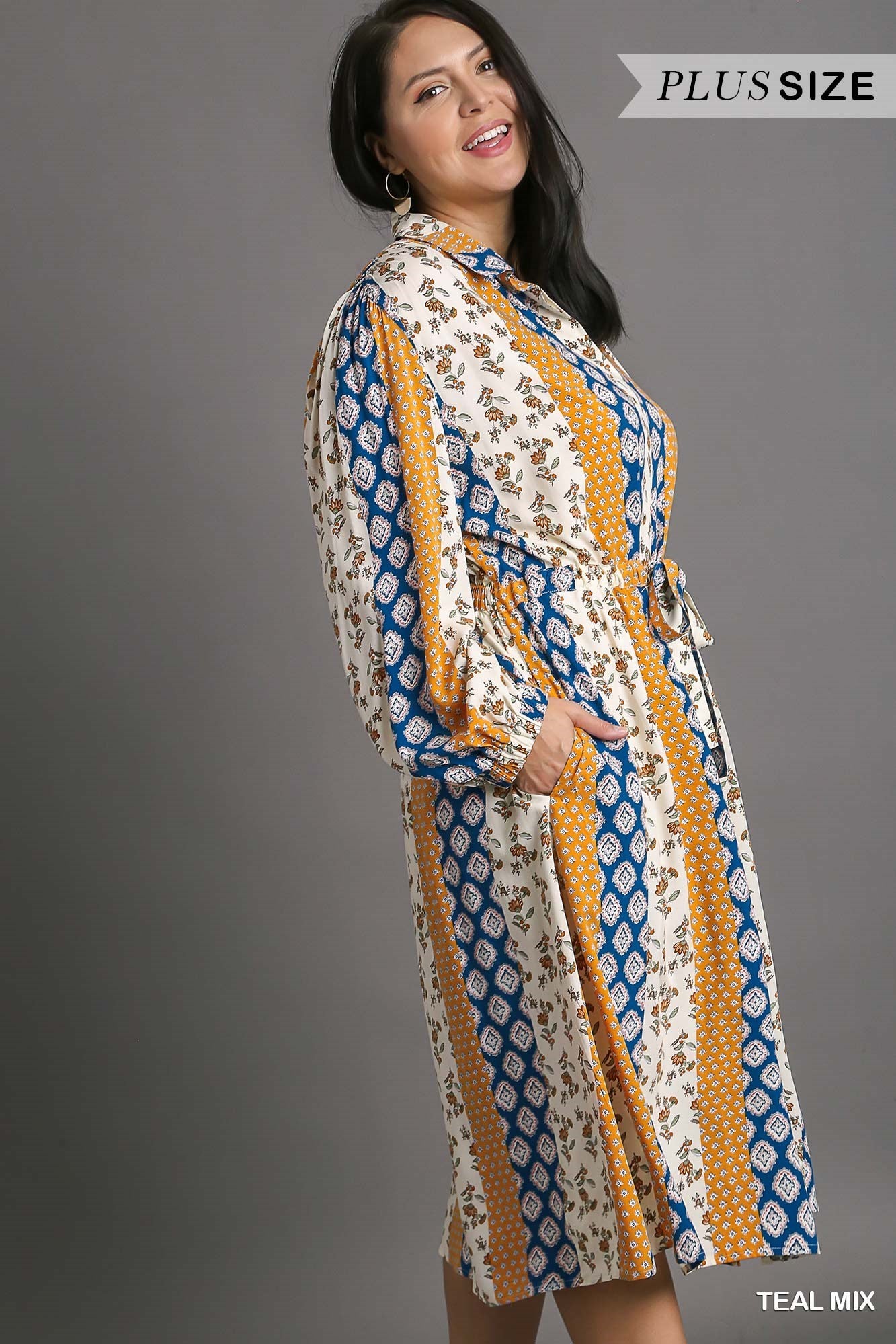 Mixed Print Elastic Waistband Front Tie Midi Dress (PLUS)