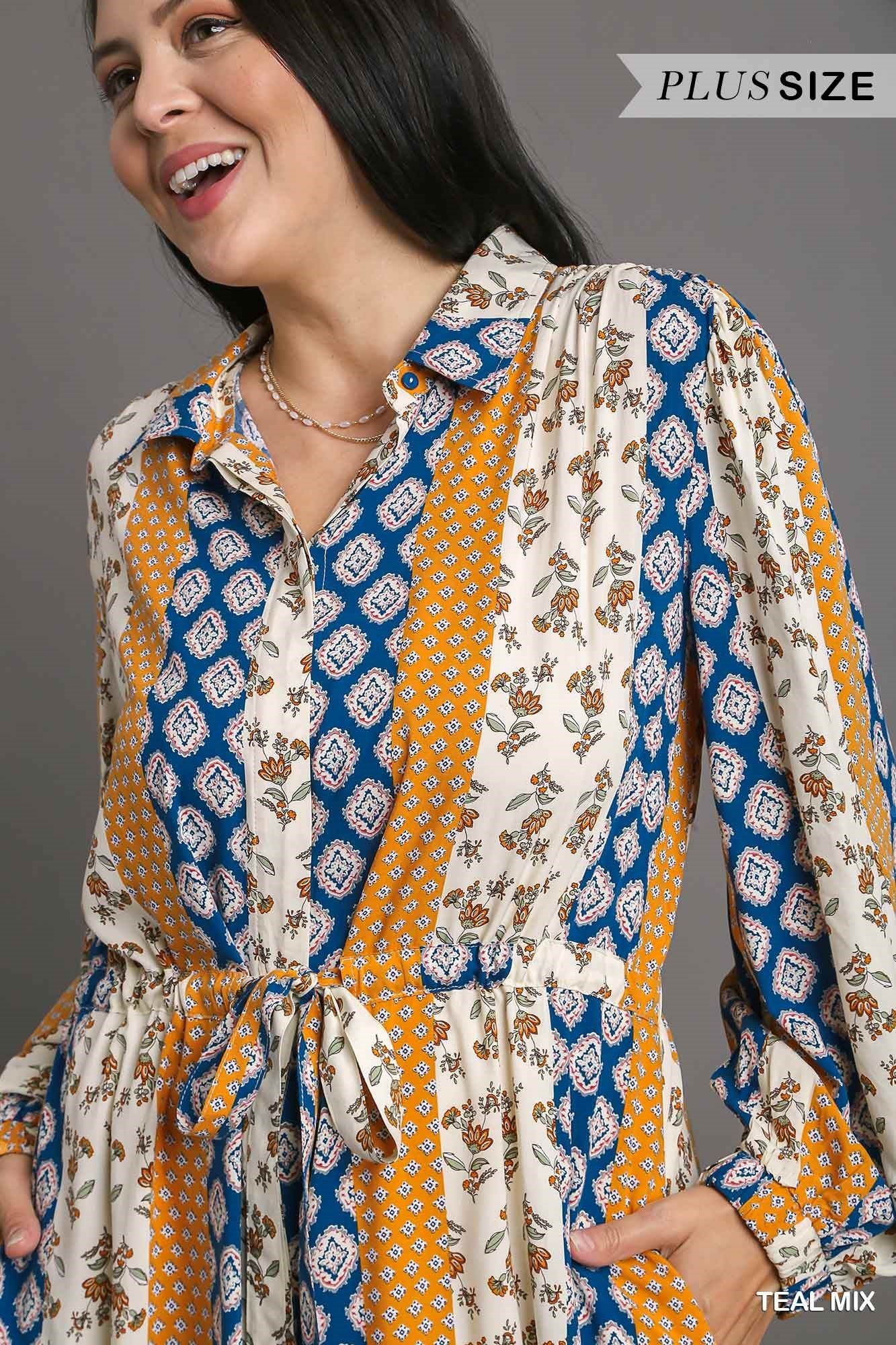 Mixed Print Elastic Waistband Front Tie Midi Dress (PLUS)