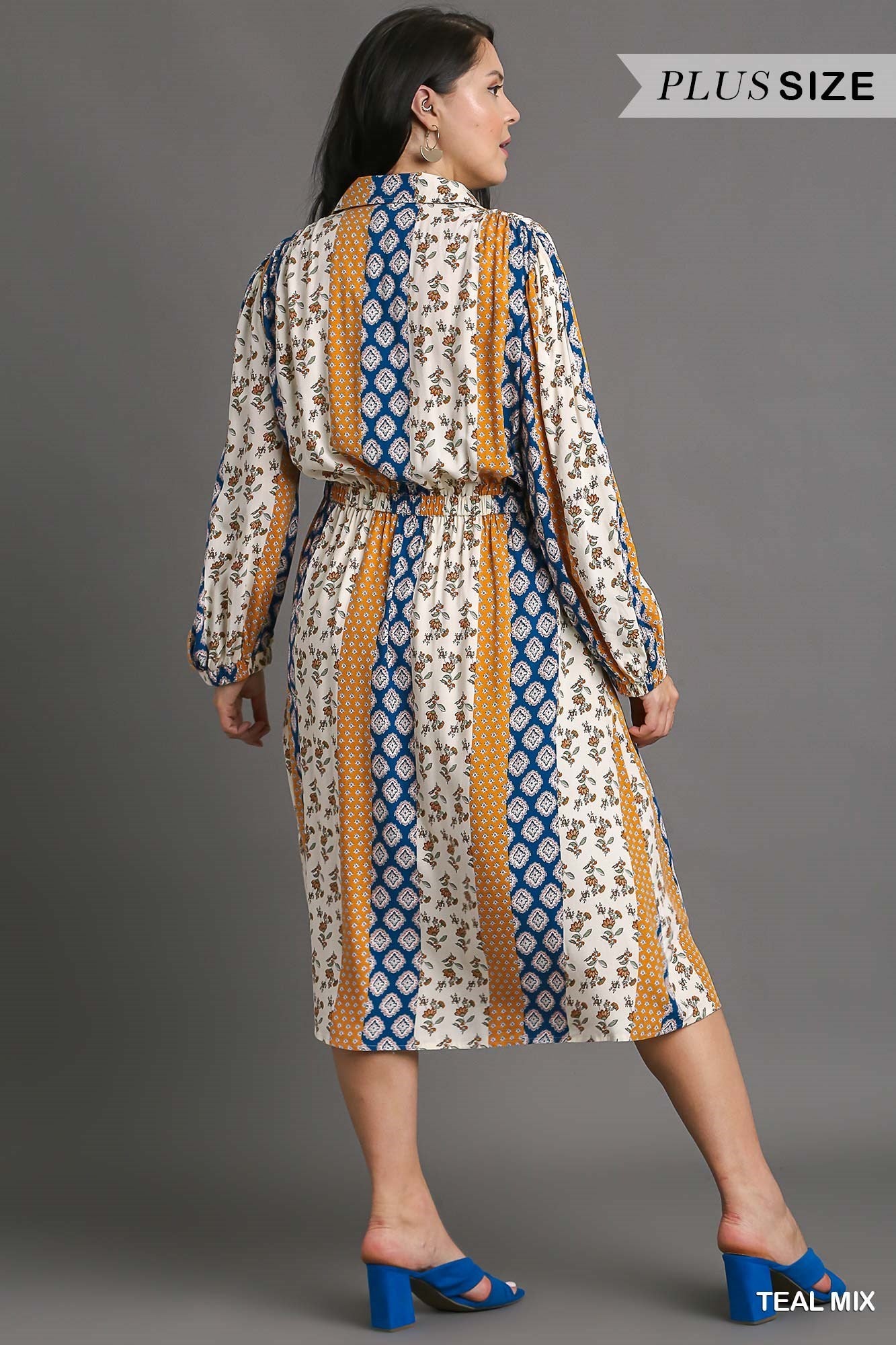 Mixed Print Elastic Waistband Front Tie Midi Dress (PLUS)