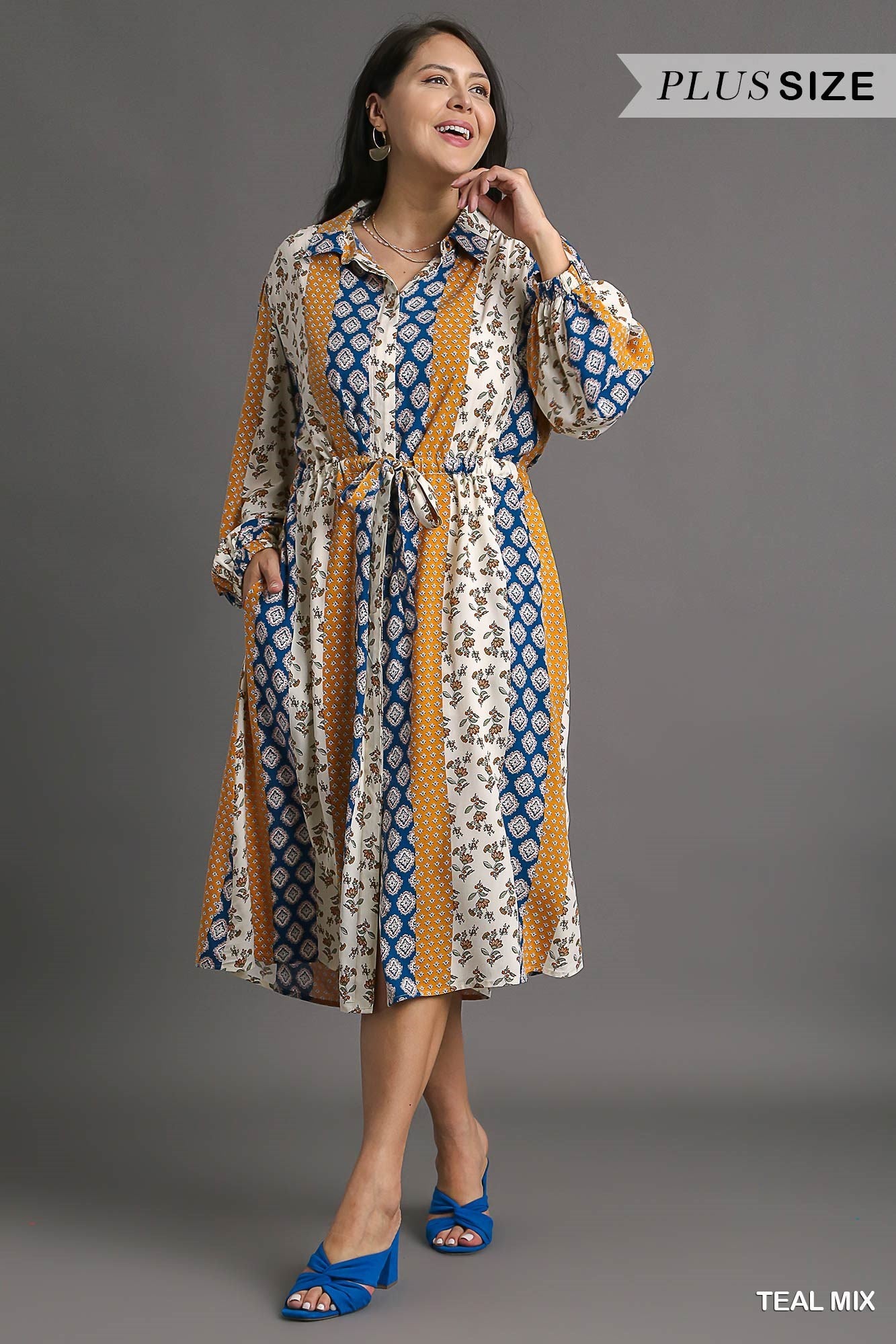 Mixed Print Elastic Waistband Front Tie Midi Dress (PLUS)